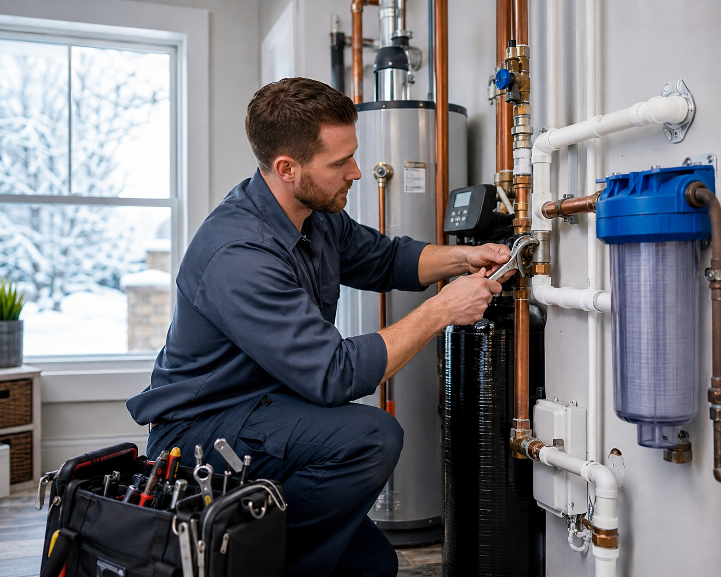 Plumber servicing a residential water treatment and plumbing system